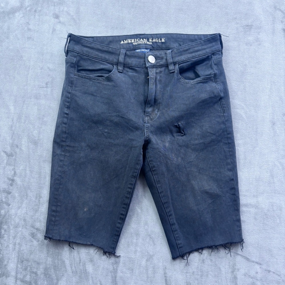American Eagle Super Stretch X4 Black Denim Cutoff Shorts Size 6 Distressed